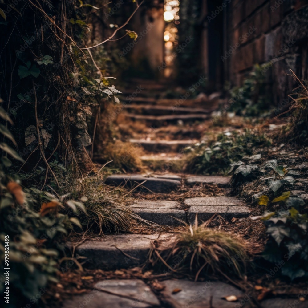 Obraz premium Overgrown Pathway A stone pathway overrun by weeds and vines, representing a forgotten journey or lost direction.