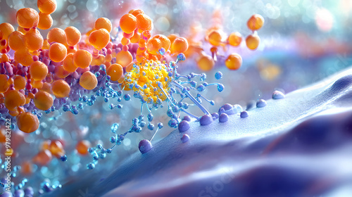 Enzyme function/ A protein enzyme catalyzing a reaction, showing a substrate entering photo