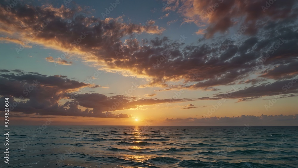 Pastel sky and calm ocean at sunset with sparkling waves. Pastel sky and calm ocean at sunset with sparkling waves.
