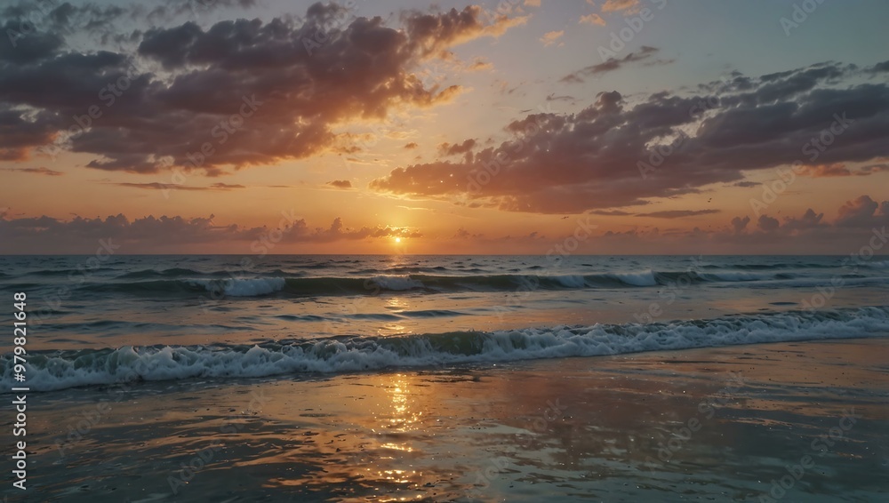 Pastel sky and calm ocean at sunset with sparkling waves. Pastel sky and calm ocean at sunset with sparkling waves.