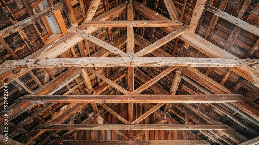 An aged wooden roof supported by wooden beams An aged wooden roof supported by wooden beams