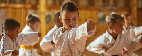 A group of young children, faces obscured, are in a dojo setting performing a kata in their karate uniforms.