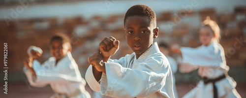 A group of young children, faces obscured, are in a dojo setting performing a kata in their karate uniforms.