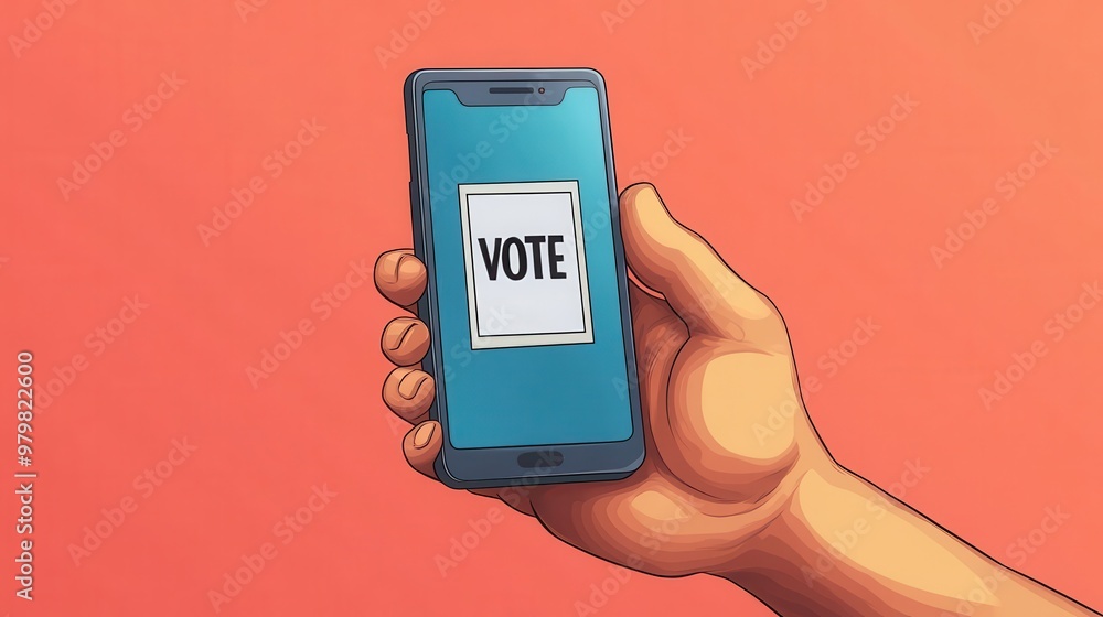 Hand holding a smartphone with a Vote reminder notification, digital alert, election participation, icon Hand holding a smartphone with a Vote reminder notification, digital alert, election participation, icon