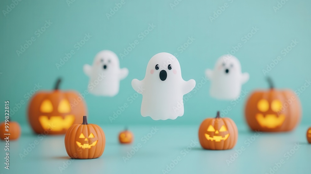 Cartoonish ghosts with friendly expressions floating around tiny, glowing jackolanterns, in soft pastel colors, 3D flat design, Low detail, Cute and playful Cartoonish ghosts with friendly expressions floating around tiny, glowing jackolanterns, in soft pastel colors, 3D flat design, Low detail, Cute and playful