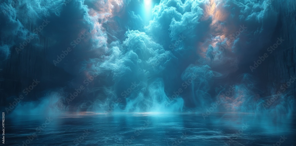Ethereal blue cloudscape with light piercing through, over a calm reflective surface, invoking a tranquil and otherworldly atmosphere. Ethereal blue cloudscape with light piercing through, over a calm reflective surface, invoking a tranquil and otherworldly atmosphere.