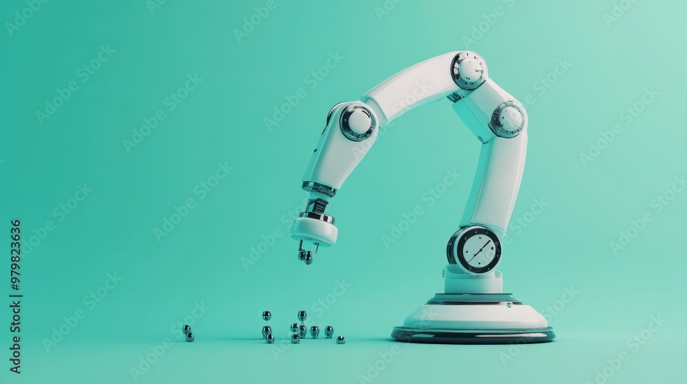 A robotic arm reaching towards small objects on a vibrant background. A robotic arm reaching towards small objects on a vibrant background.