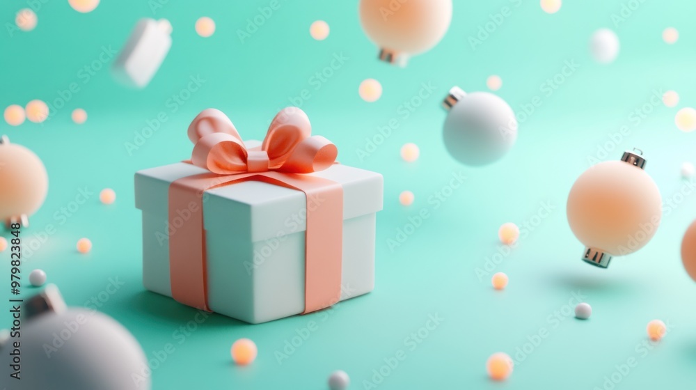 A festive gift box surrounded by decorative ornaments and colorful spheres. A festive gift box surrounded by decorative ornaments and colorful spheres.
