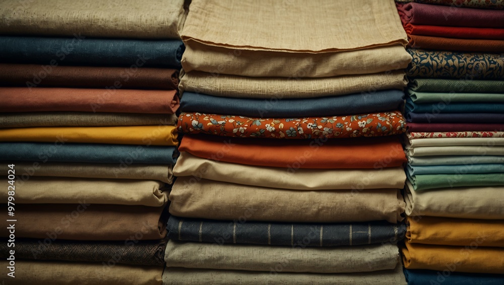 Pile of fabrics over a coarse canvas background. Pile of fabrics over a coarse canvas background.