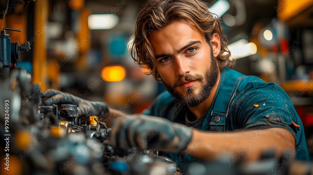 mechanic working diligently on a car in a busy garage. The mechanic is wearing a grease-stained uniform, with tools in hand, focused on fixing mechanic working diligently on a car in a busy garage. The mechanic is wearing a grease-stained uniform, with tools in hand, focused on fixing