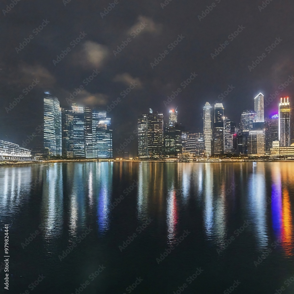 Fototapeta premium Singapore skyline reflecting on water at night