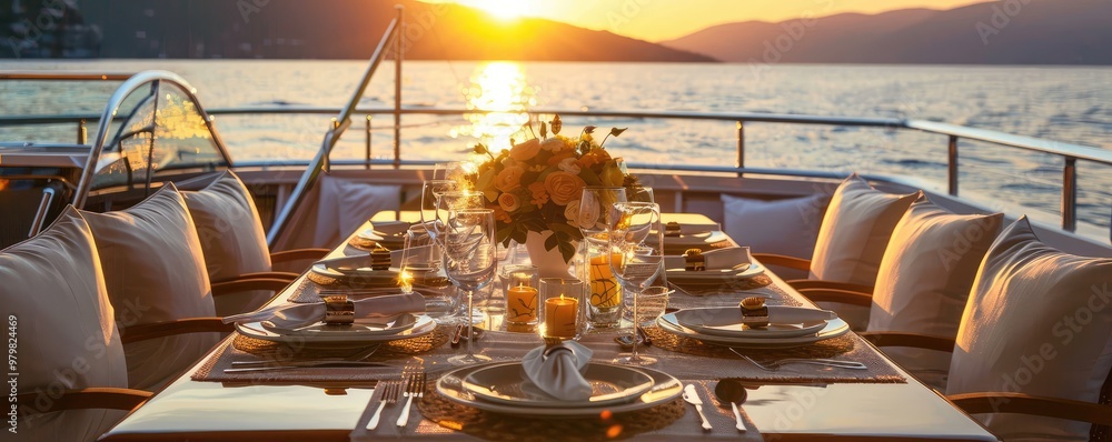 An elegant table setting is arranged on a yacht's deck, with the sun setting in the background, creating a romantic atmosphere.