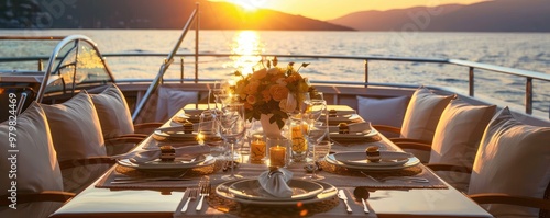 Obraz na płótnie An elegant table setting is arranged on a yacht's deck, with the sun setting in the background, creating a romantic atmosphere. w salonie