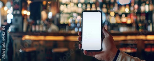 Obraz na płótnie hand holding a smartphone with a blank screen in a lively bar with colorful shelves of bottles in the background w salonie