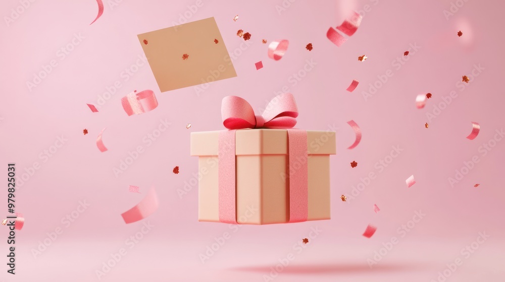 A floating gift box with a pink ribbon and confetti, symbolizing celebration and joy. A floating gift box with a pink ribbon and confetti, symbolizing celebration and joy.