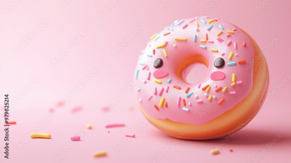 A cute, pink-frosted donut with sprinkles on a pastel background. A cute, pink-frosted donut with sprinkles on a pastel background.