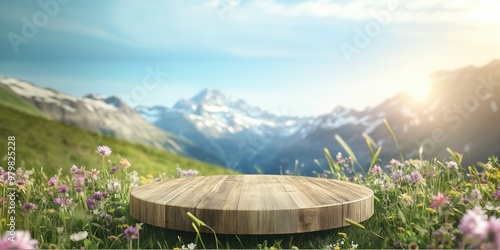 A stone podium in a blooming meadow with mountain views in the background, ideal for nature or adventure-themed product presentations. High quality illustration.