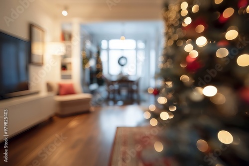 Blurred modern interior of a living room decorated for Christmas. christmas tree, presents, soft focus