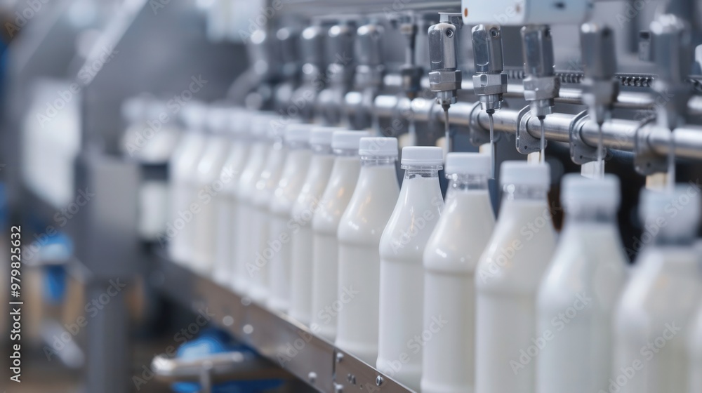 Bottles of milk are being filled in a factory Bottles of milk are being filled in a factory