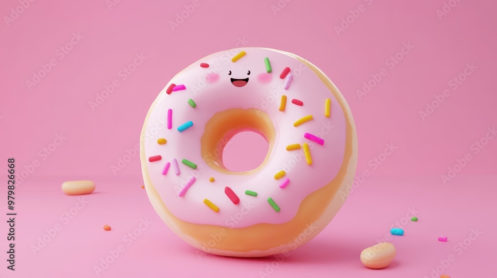 A cheerful donut with sprinkles on a pink background, evoking fun and sweetness. A cheerful donut with sprinkles on a pink background, evoking fun and sweetness.