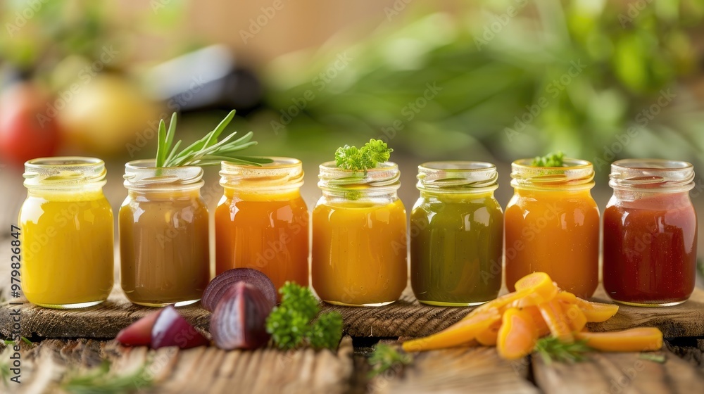 Baby food in small jars with selective focus on natural elements Baby food in small jars with selective focus on natural elements