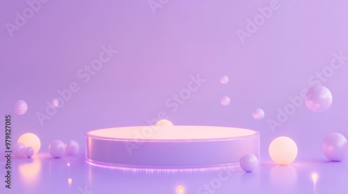 A minimalistic scene featuring a circular platform with glowing orbs against a purple background.