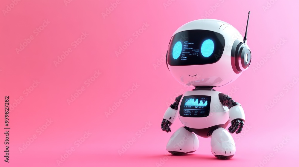 A cute robot with a digital screen and headphones, set against a pink background. A cute robot with a digital screen and headphones, set against a pink background.
