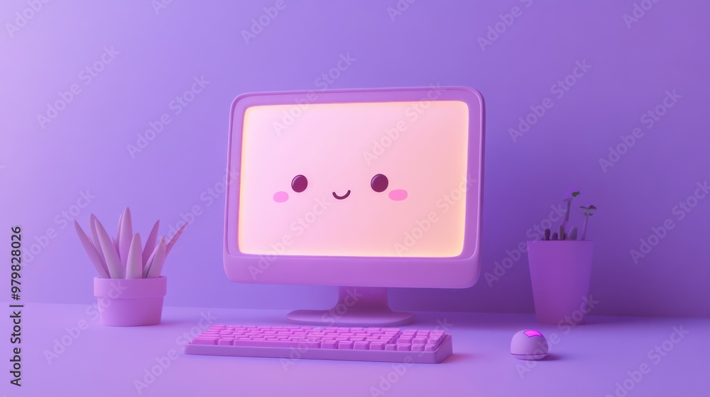 A cute, pastel-themed workspace featuring a smiling computer and potted plants. A cute, pastel-themed workspace featuring a smiling computer and potted plants.