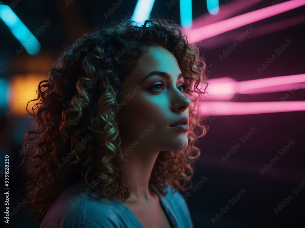 Portrait of a woman with curly hair under neon lights, cinematic mood. Portrait of a woman with curly hair under neon lights, cinematic mood.