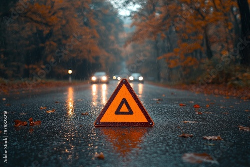 A red triangle warning sign on a wet road with blurred traffic in the background.