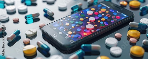 A smartphone displaying vibrant app icons is surrounded by a myriad of pharmaceutical pills, implying health management.