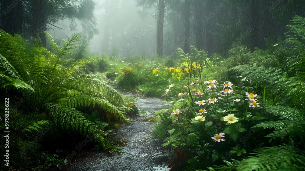 Fototapeta premium Ferns and wildflowers along a wet forest path, the plants glistening in the rain as fog lingers