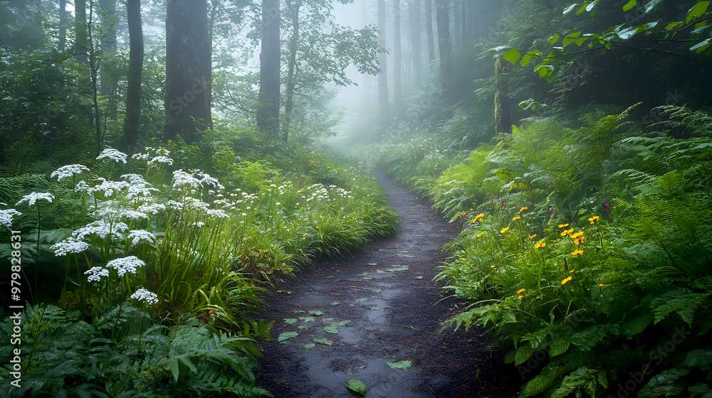 Obraz premium Ferns and wildflowers along a wet forest path, the plants glistening in the rain as fog lingers