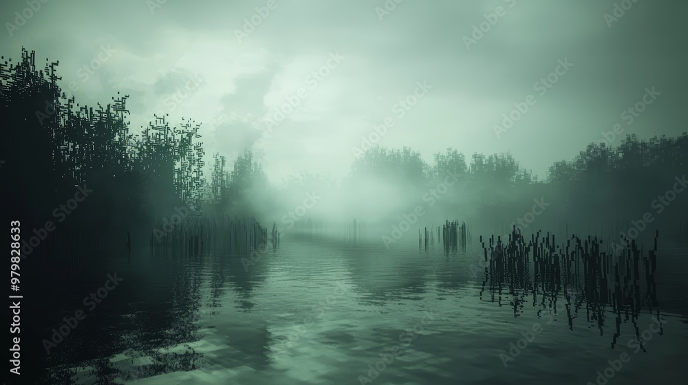 Eerie 3D Cube World of Shadowy Marshland with Pixelated Figures Roaming in Foggy Murkiness Eerie 3D Cube World of Shadowy Marshland with Pixelated Figures Roaming in Foggy Murkiness
