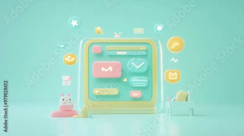 A pastel-themed digital interface featuring apps and notifications in a playful design.