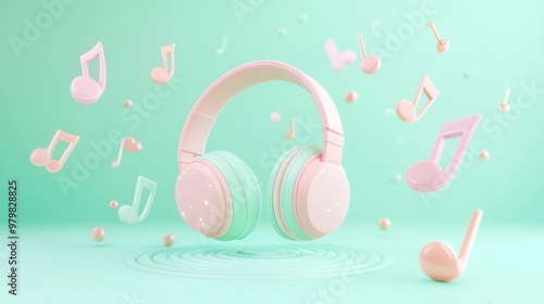 A whimsical illustration of headphones surrounded by musical notes and sound waves. photo