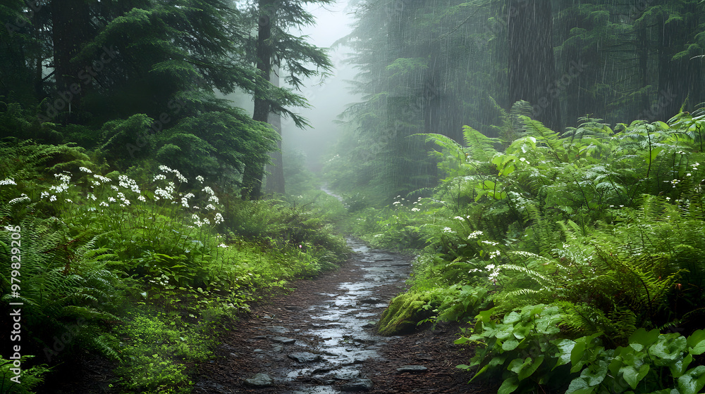 Obraz premium Ferns and wildflowers along a wet forest path, the plants glistening in the rain as fog lingers