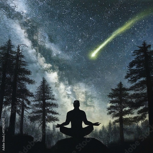 Man meditating under milky way and shooting star