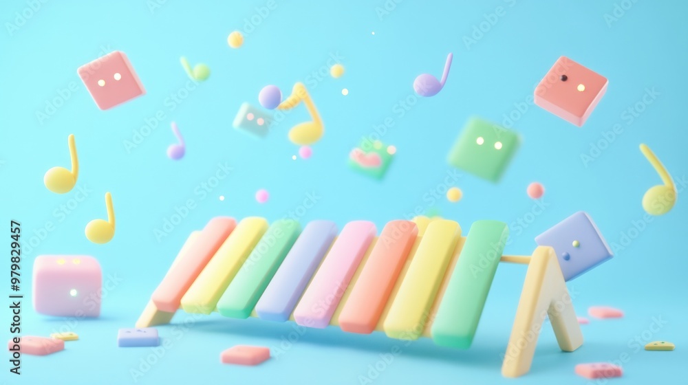 A colorful xylophone with musical notes and blocks floating in a playful, vibrant background. A colorful xylophone with musical notes and blocks floating in a playful, vibrant background.