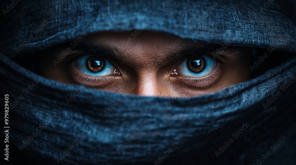 A man with blue eyes is looking at the camera through a blue cloth A man with blue eyes is looking at the camera through a blue cloth