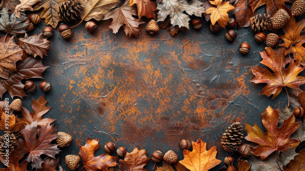 Fototapeta premium A black background with a frame of leaves and nuts