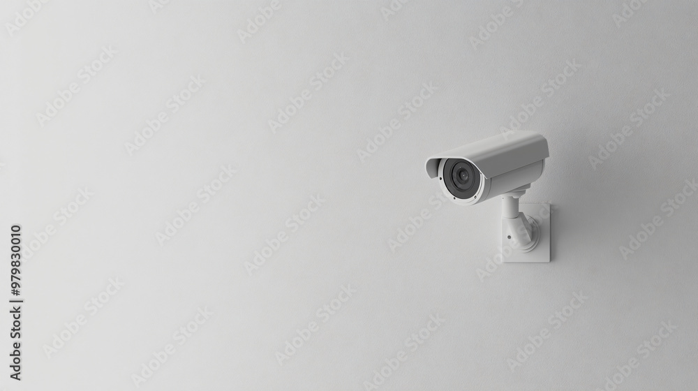 Security camera in white is watching over a white wall, highlighting the idea of surveillance Security camera in white is watching over a white wall, highlighting the idea of surveillance