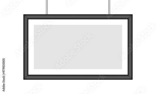 Black photo frame. White passe-partout. Rectangular picture. Poster or painting template on a transparent background. Hanging board