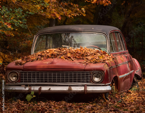 abandoned vintage red car in the autumn forest with fallen leaves on the ground. 