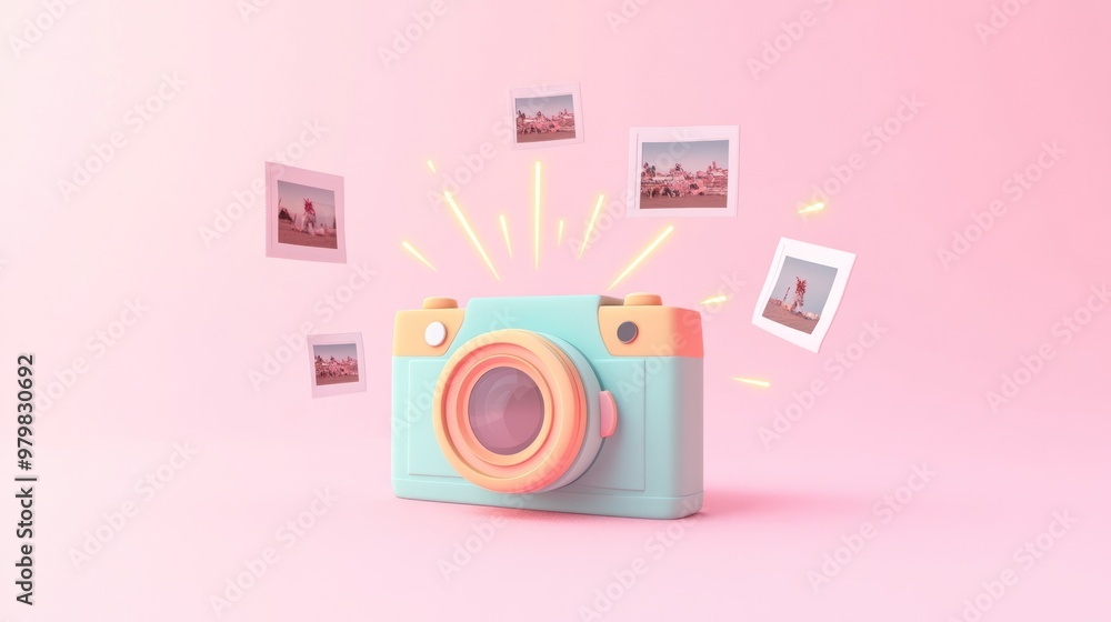 A colorful camera with floating photos against a pink background, symbolizing photography. A colorful camera with floating photos against a pink background, symbolizing photography.