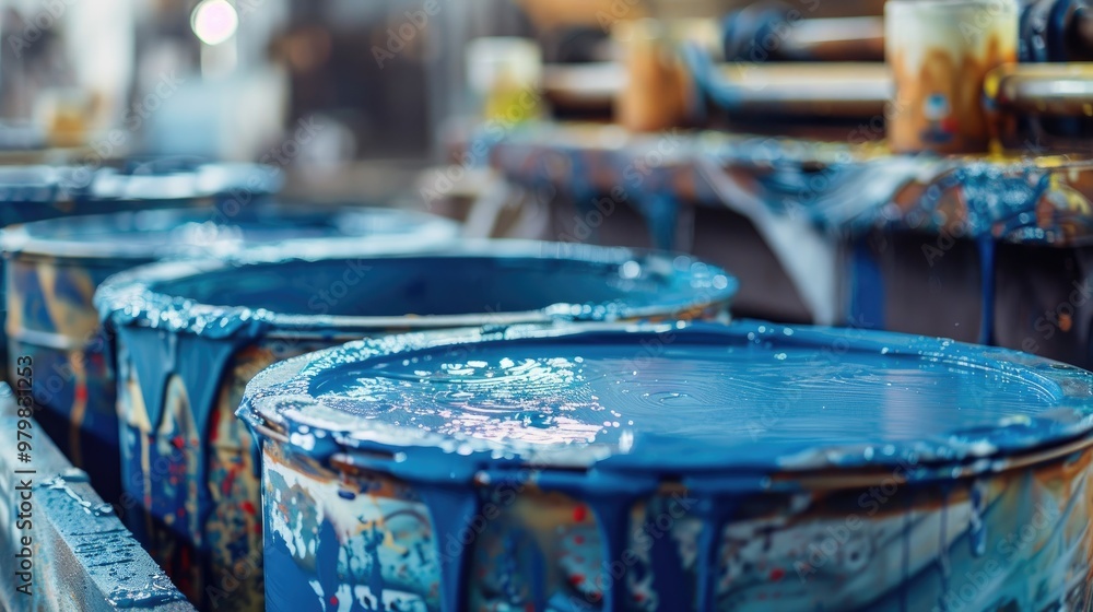 Blue dye drips from hand screen printing process for tee shirt production Blue dye drips from hand screen printing process for tee shirt production