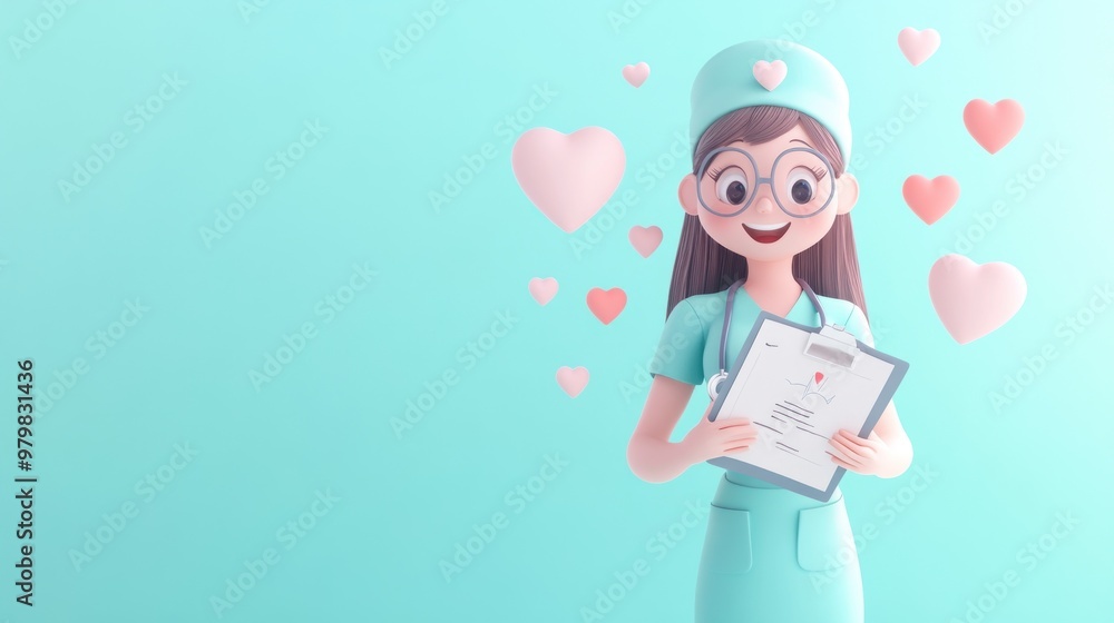 A cheerful nurse holds a clipboard with hearts floating around, symbolizing care and compassion. A cheerful nurse holds a clipboard with hearts floating around, symbolizing care and compassion.