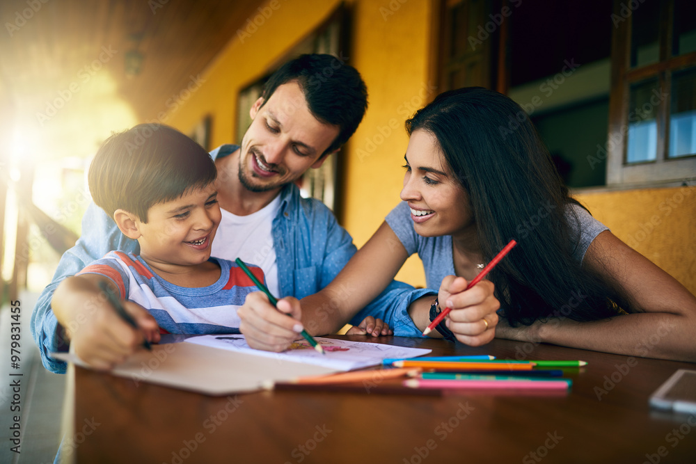 Fototapeta premium Mom, dad and boy at table with homework for teaching, learning and support in education with love. Color, pencil parents drawing with kid for help in homeschool, growth and child development on patio