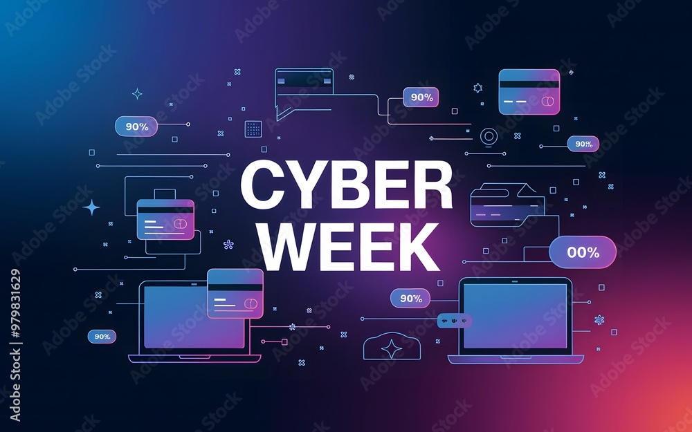 Cyber Week Dynamic Background with Floating Shopping Icons and Discounts , Generative-AI Cyber Week Dynamic Background with Floating Shopping Icons and Discounts , Generative-AI