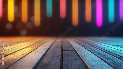 A wooden stage floor with vibrant, blurred vertical neon lights in the background, creating an atmospheric setting that emphasizes the product's prominence in presentations.